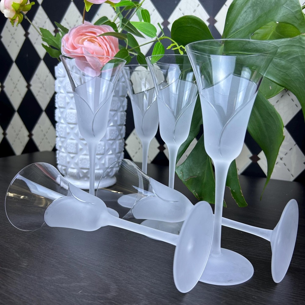 Vintage Sasaki Hana Flutes Frosted Floral Stem Champagne Glasses Set 6 Celestial - Picture 10 of 17